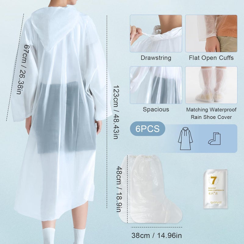 EQUNROY Ponchos Family Pack - 10 Disposable Rain Ponchos with Hoods & 10 Pairs Waterproof Boot Covers(6 Set Adult & 4 Set Kids), Thicker Clear Plastic for Outdoor, Travel, Camping - Image 2
